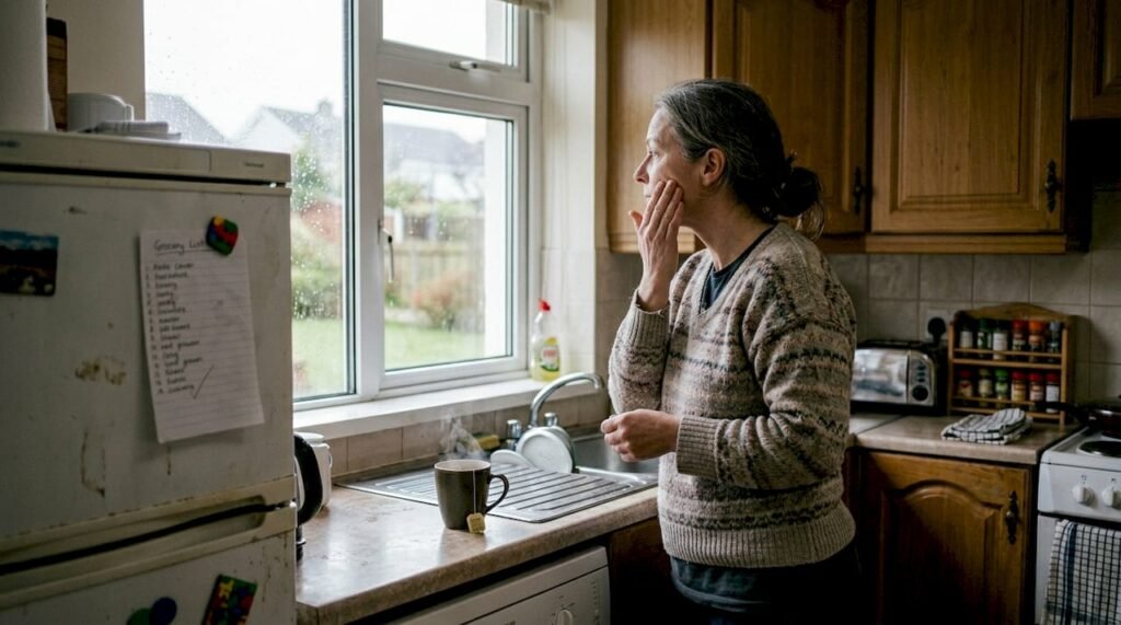 Woman in 40s doing skincare in kitchen