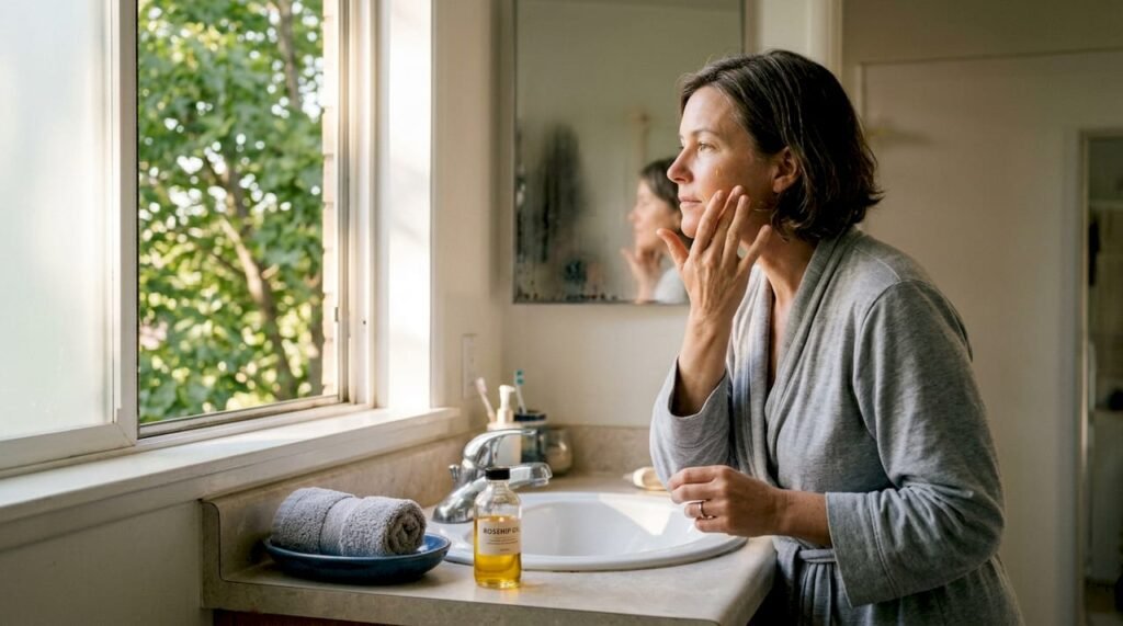Woman applying natural oil to face in bathroom