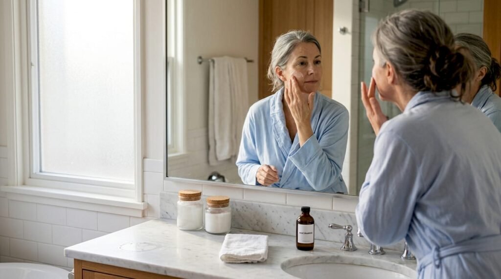 Mature woman applies skincare in home bathroom