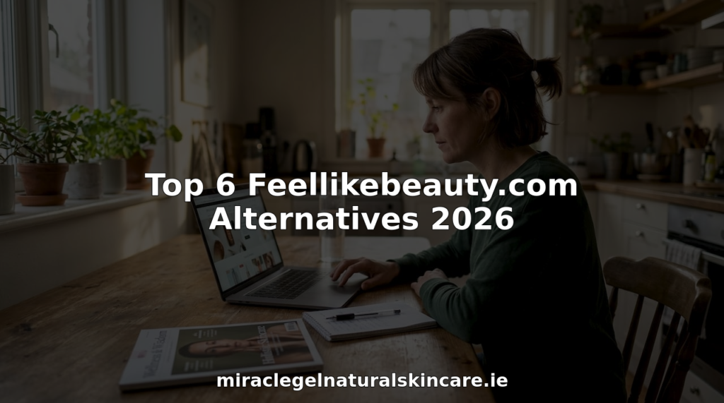 Woman comparing beauty websites on laptop in kitchen