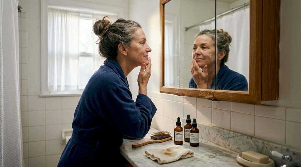 Woman applying organic skincare in home bathroom