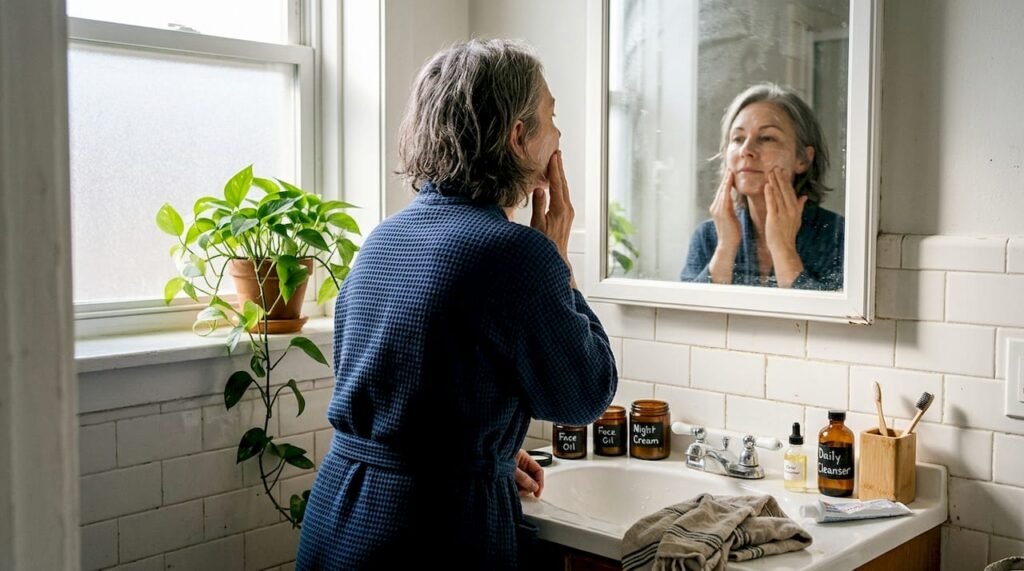 Woman using skincare products at bathroom sink