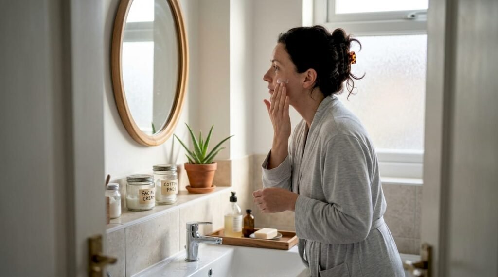 Woman in 40s with eco skincare at bathroom sink