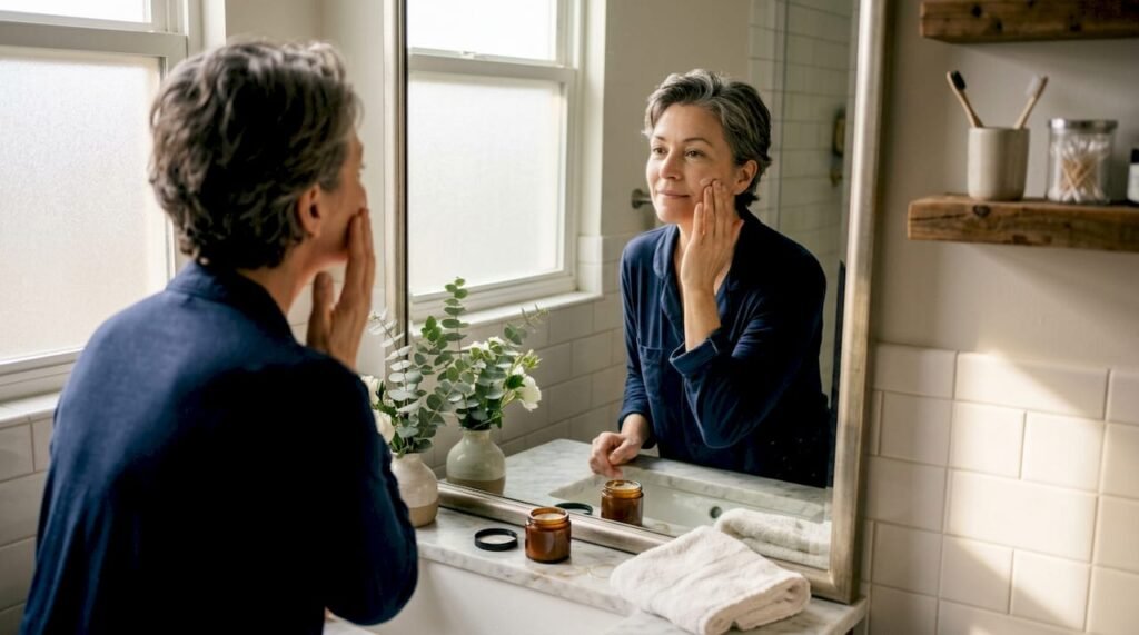 Woman applying moisturizer in home bathroom