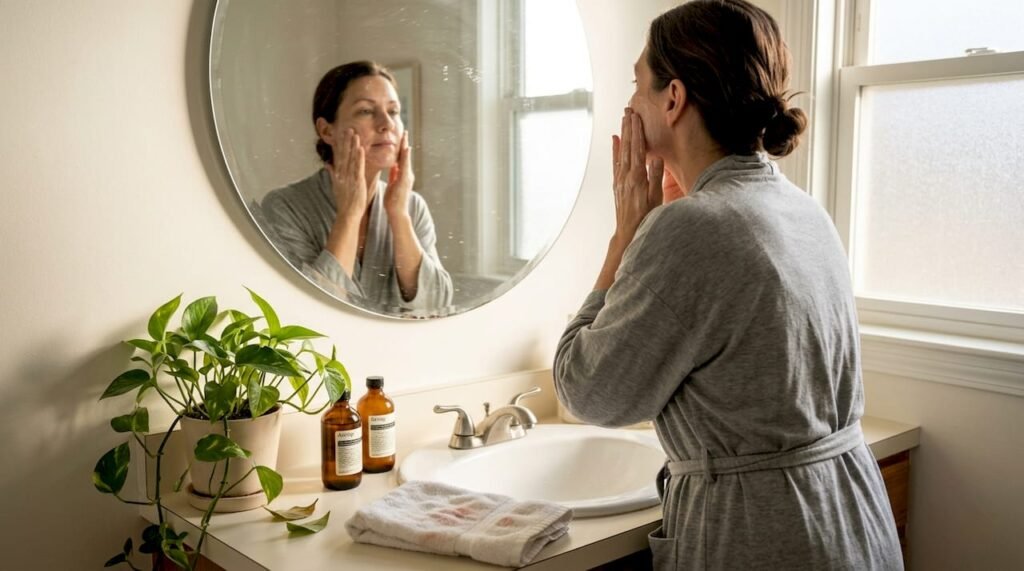 Woman gently cleansing skin at bathroom vanity