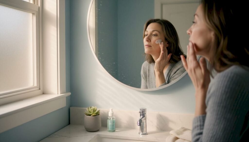 Woman in 40s applying skincare at bathroom sink