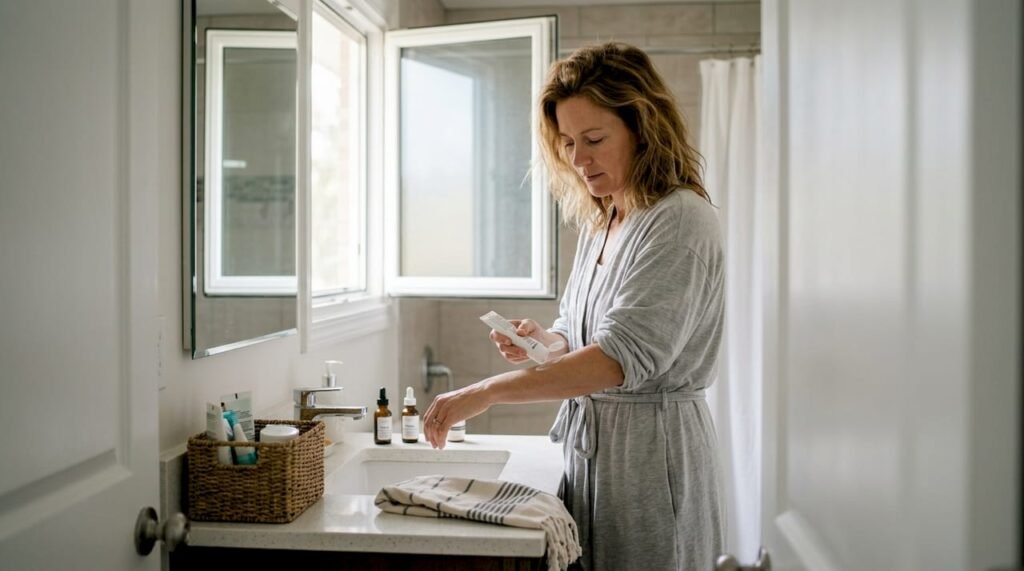 Woman applying natural body lotion in home bathroom