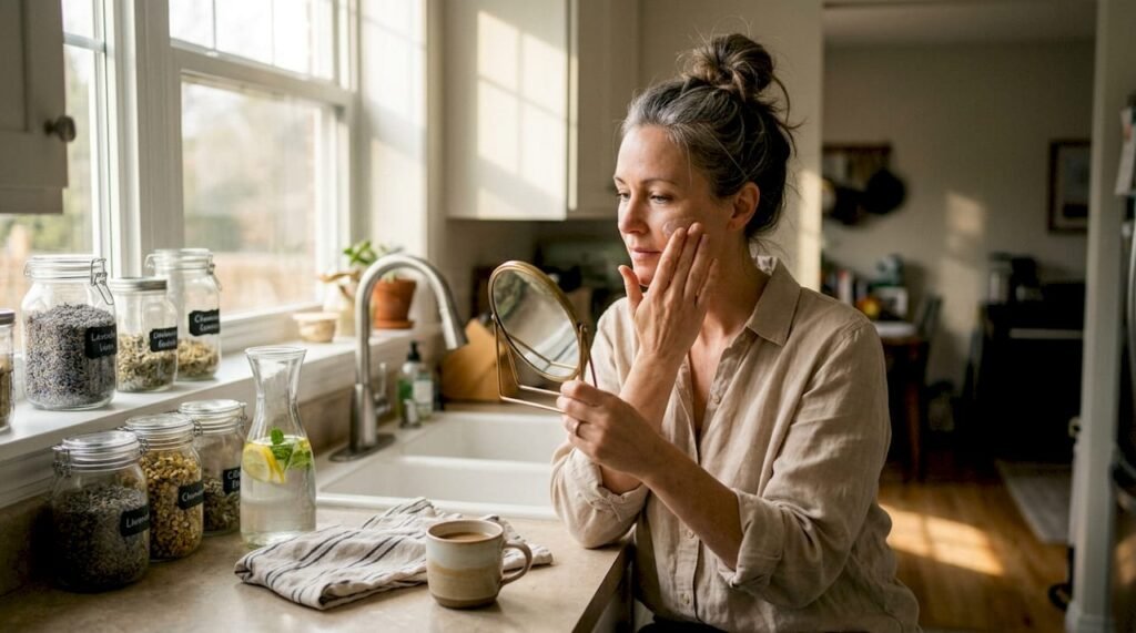 Woman applying natural holistic skincare at kitchen counter