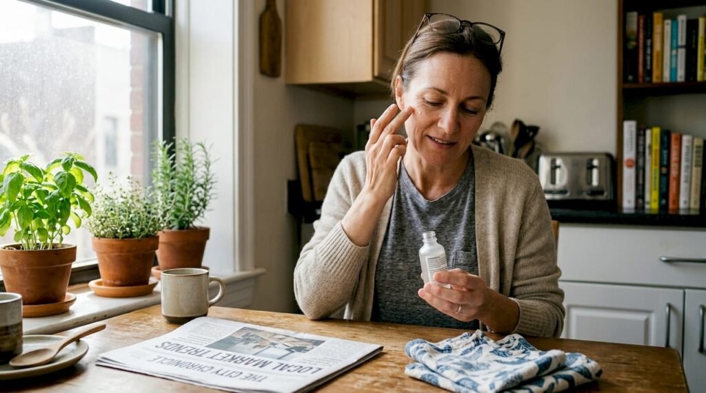 Woman reading skincare label at home