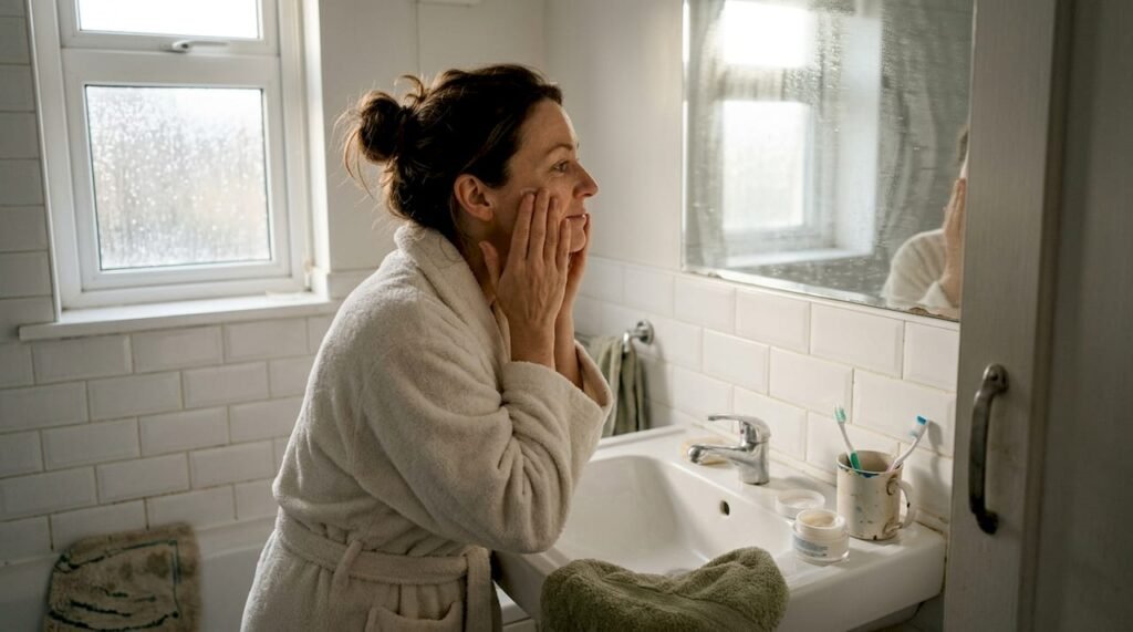 Woman applying moisturizer at home bathroom