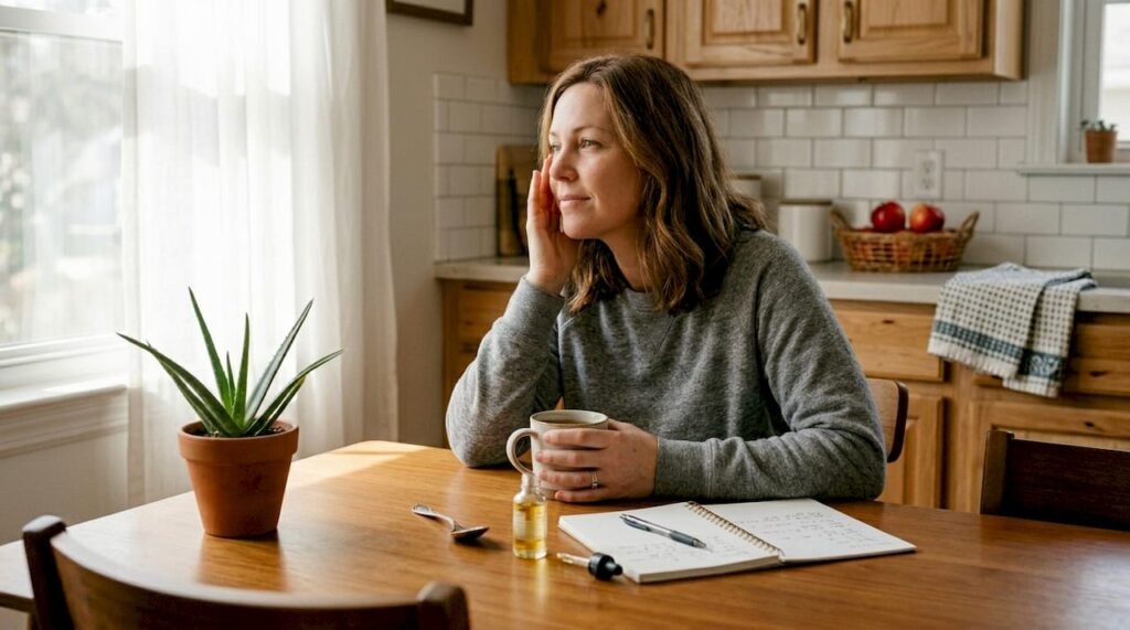 Woman applying natural skincare at kitchen table