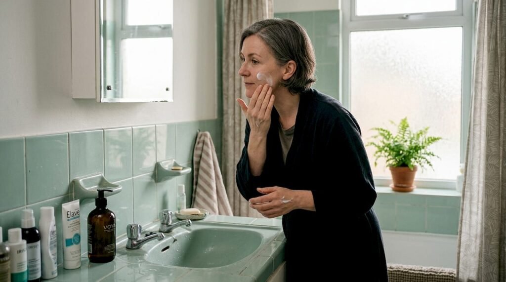 Woman in 40s applying skincare in bathroom