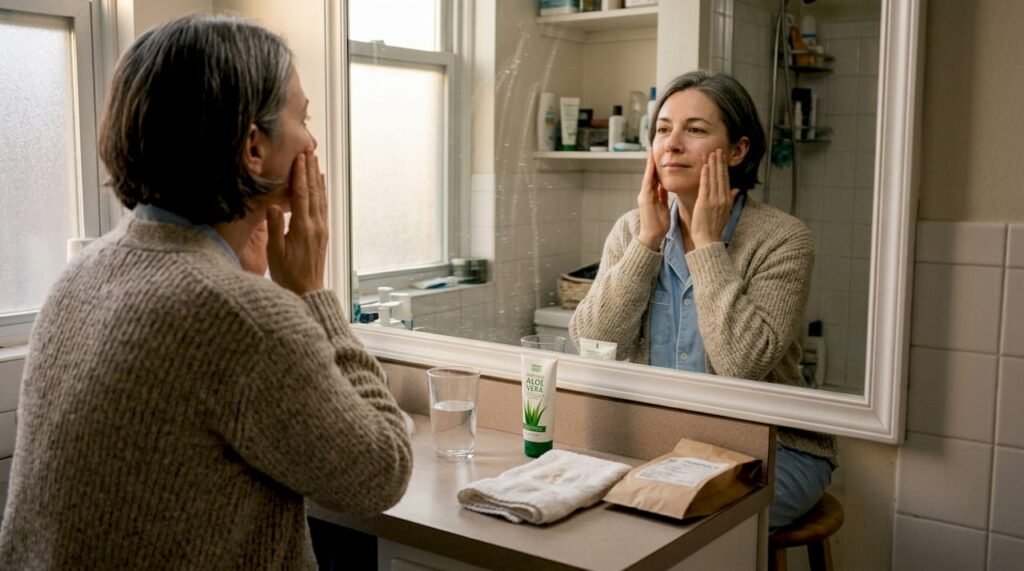 Woman moisturizing face in cozy bathroom