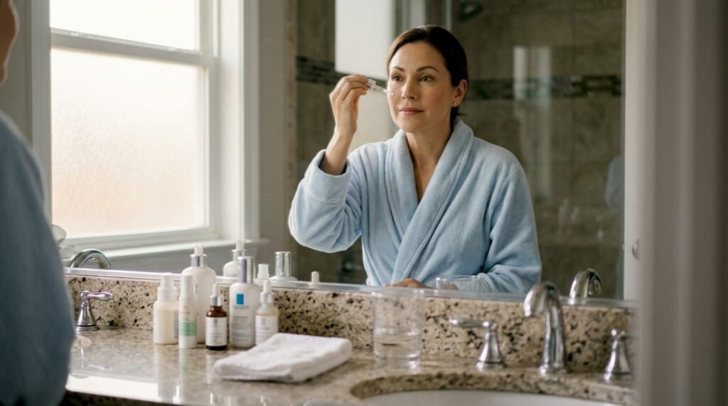 Woman applying skincare serum at bathroom