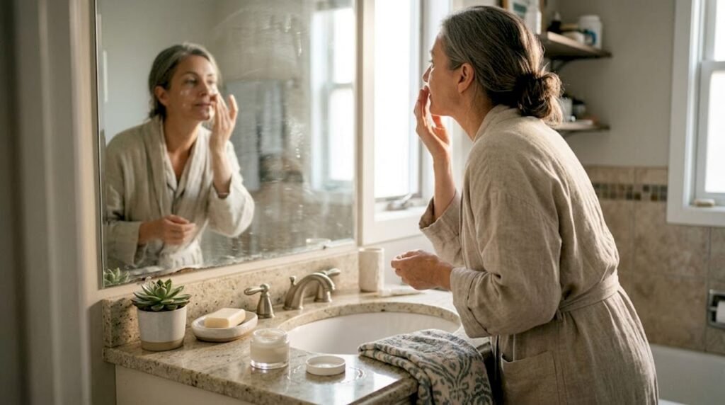 Middle-aged woman applying skincare at bathroom sink