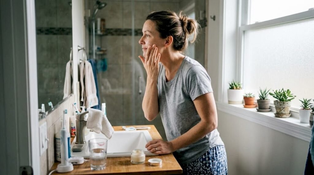 Woman doing natural skincare routine at home