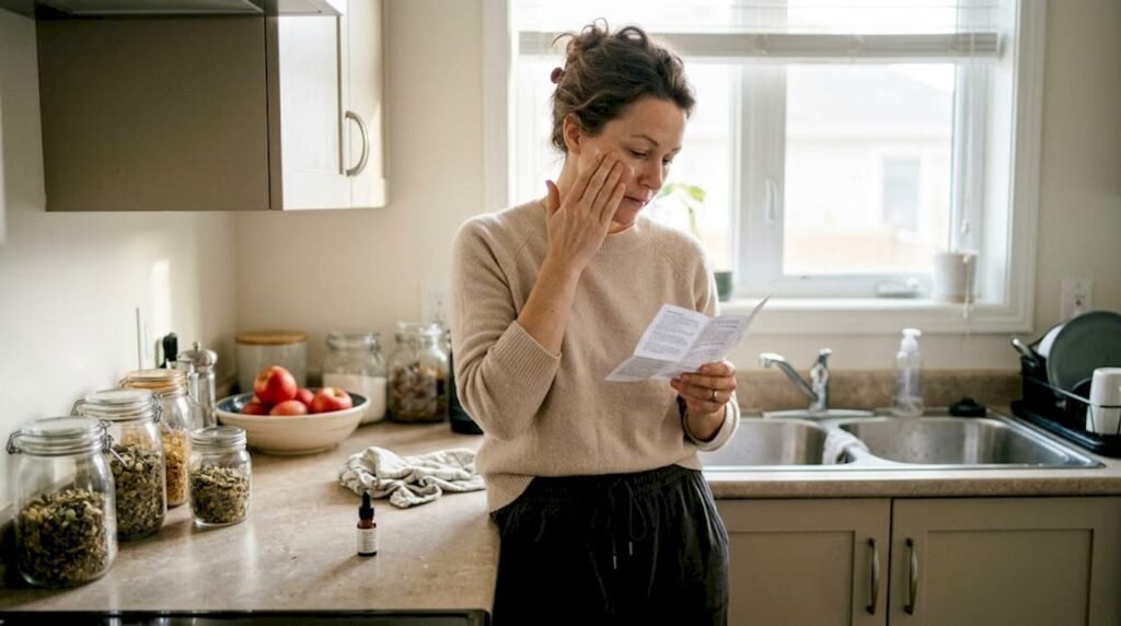 Woman applying serum in sunlit kitchen