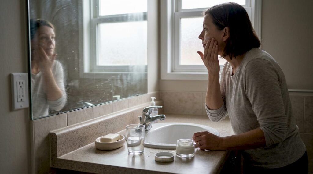 Woman applies moisturizer by bathroom window