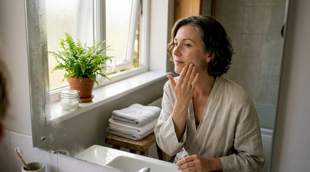 Woman applying skincare in sunlit bathroom