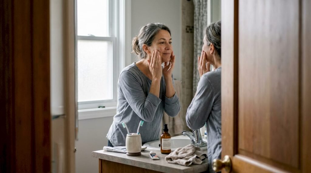 Woman in 50s using natural moisturizer in bathroom