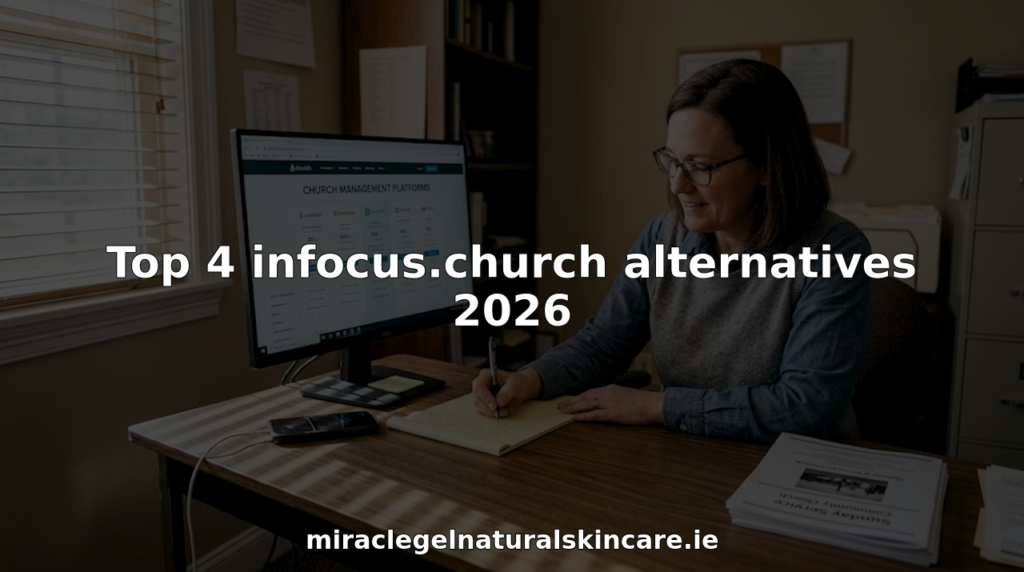 Administrator researching church management alternatives in office