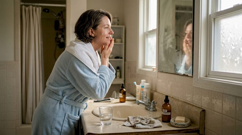 Woman applying moisturizer in home bathroom