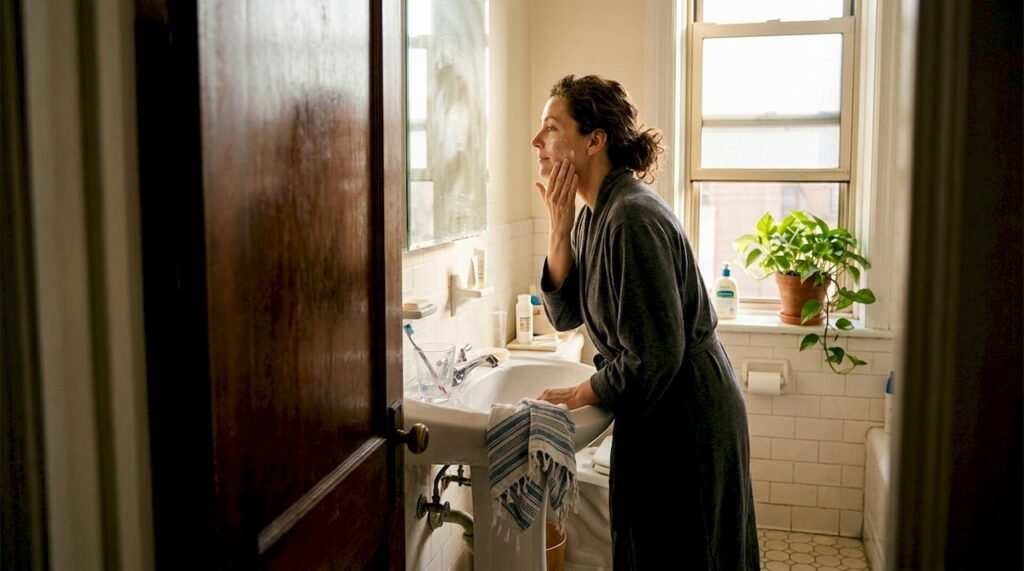 Woman applying skincare in morning light bathroom