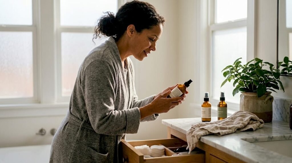 Woman reading organic moisturizer label in bathroom