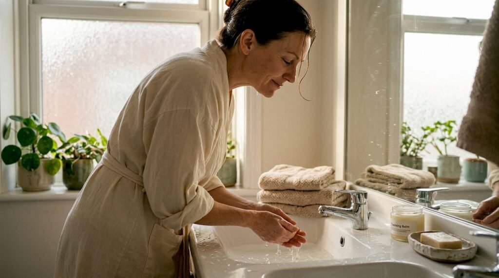 Woman gently cleansing face in bathroom