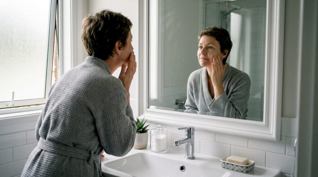Woman applying skincare at home bathroom sink