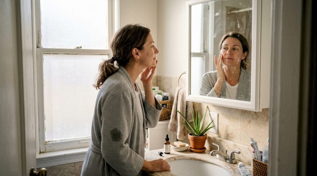 Woman applying moisturizer in sunlit bathroom