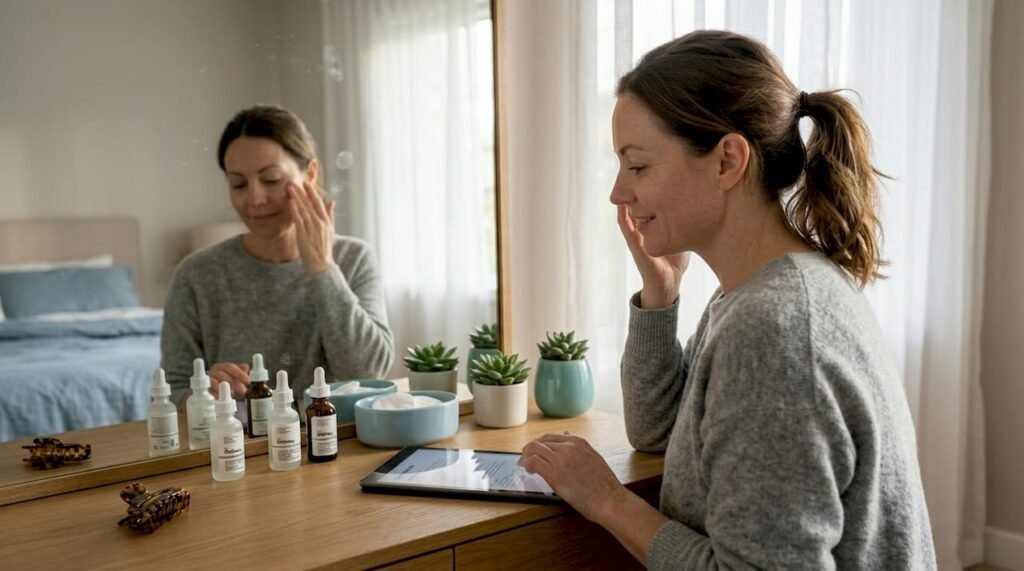 Woman applying skincare at bedroom vanity