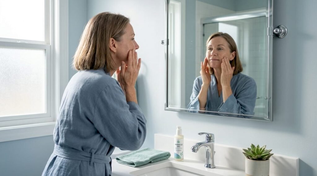 Woman applying exfoliant in bathroom mirror