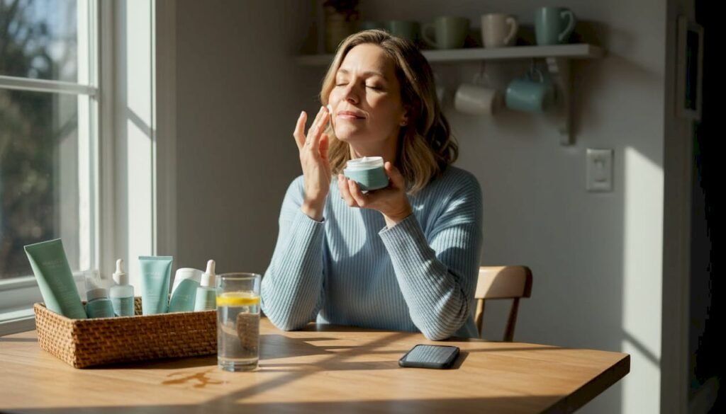 Woman applying moisturizer at kitchen table