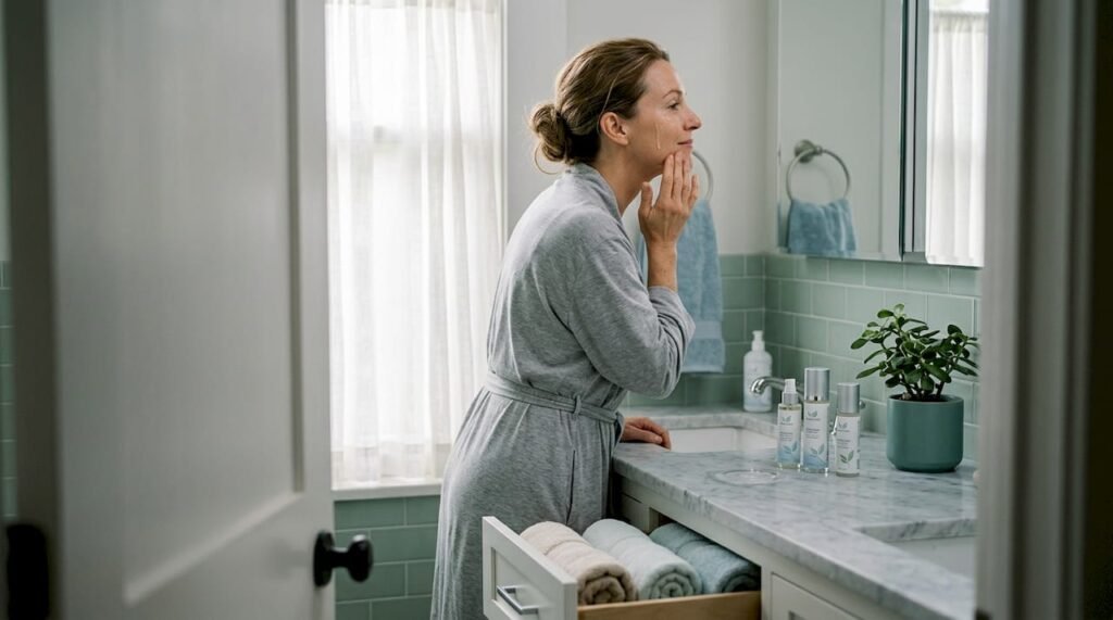 Woman applying skincare serum in home bathroom