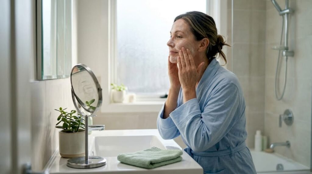 Woman gently cleansing face in bright bathroom