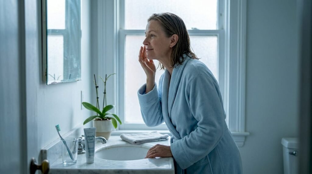 Woman in 50s applying serum at bathroom sink