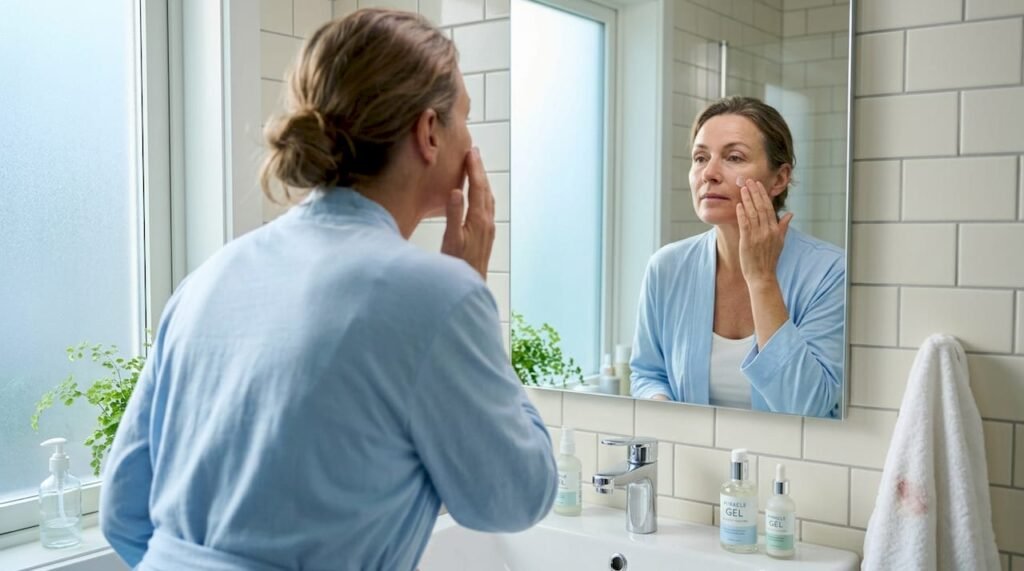 Woman in bathroom applying moisturizer to face
