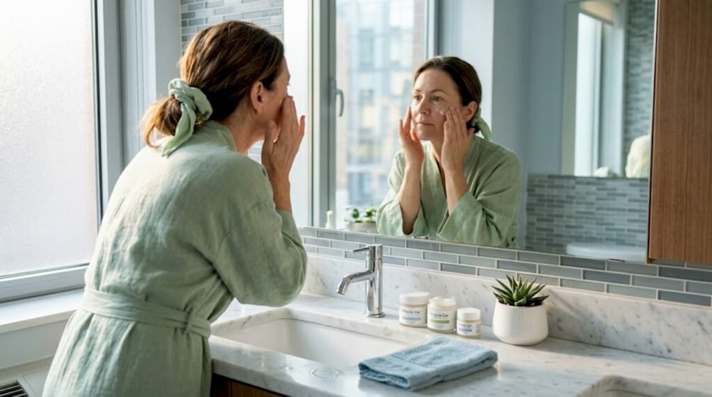 Woman applying moisturizer at bathroom counter