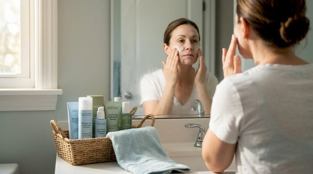 Woman over 40 exfoliating skin in home bathroom