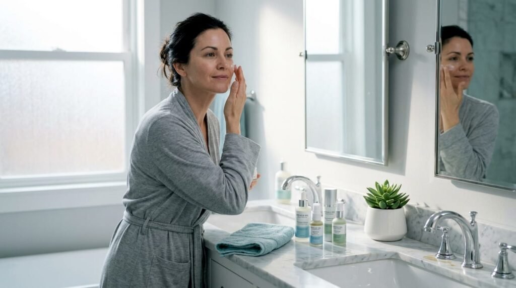 Woman applying skincare in bathroom