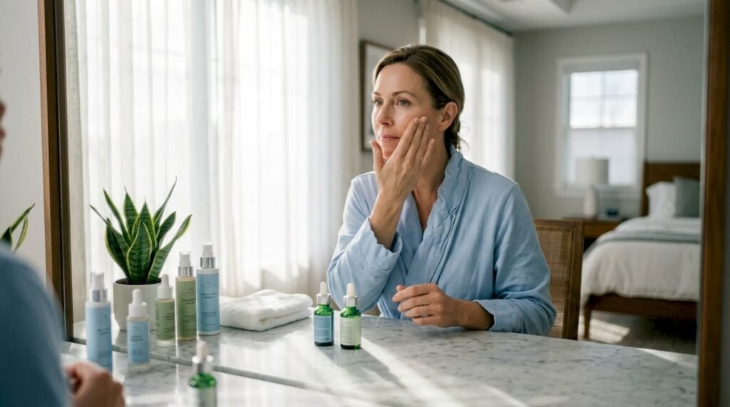 Woman applying serum at sunlit vanity