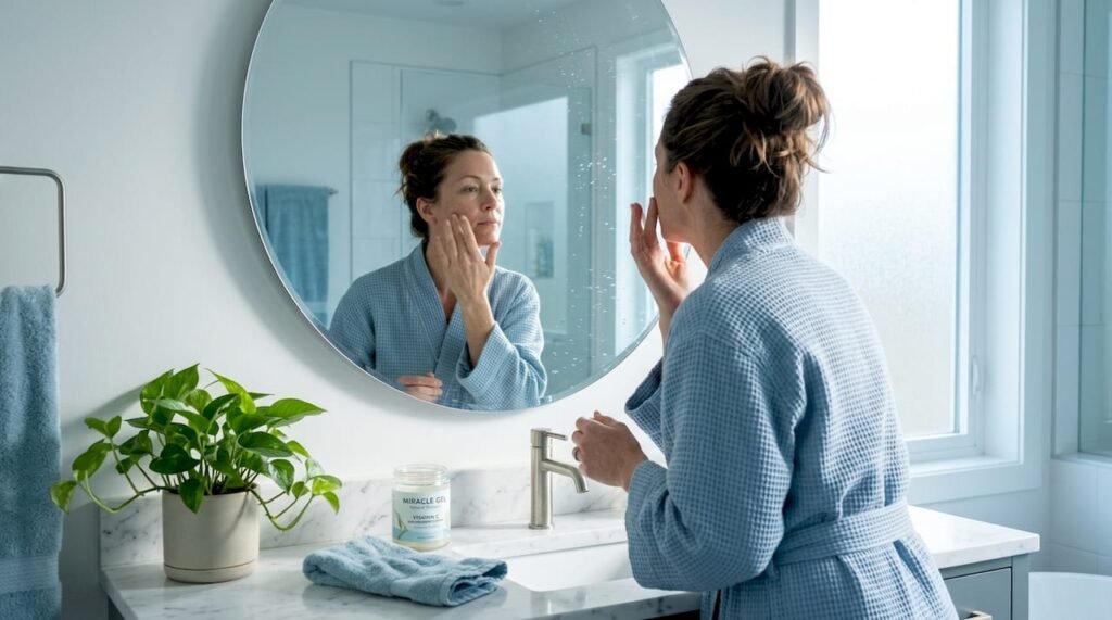 Woman in 40s applying serum in well-lit bathroom