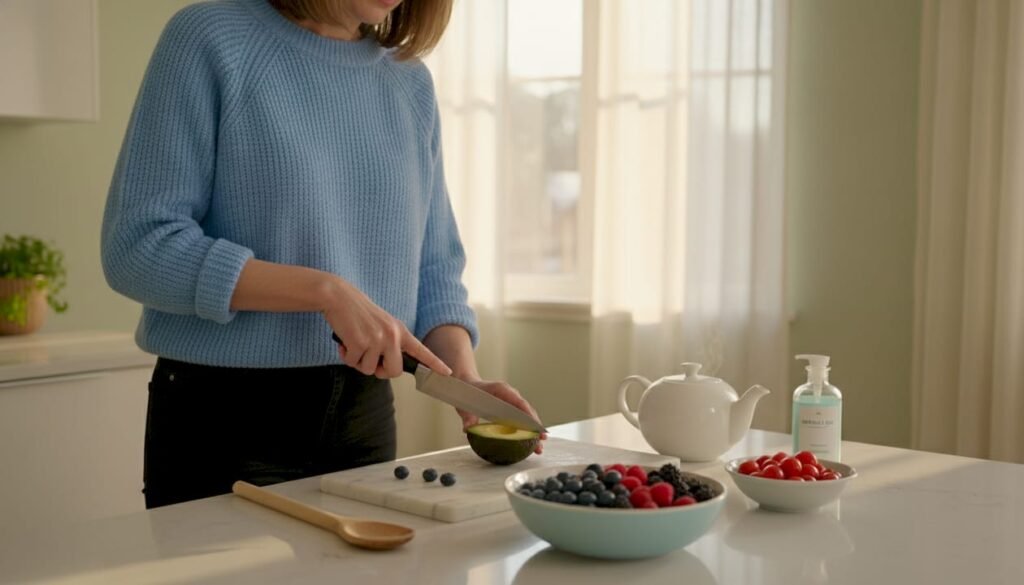 Woman preparing superfoods in bright kitchen