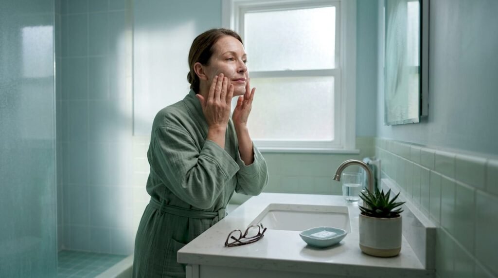 Woman gently cleansing face in morning light