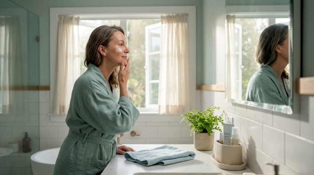 Woman applying skincare at home bathroom sink