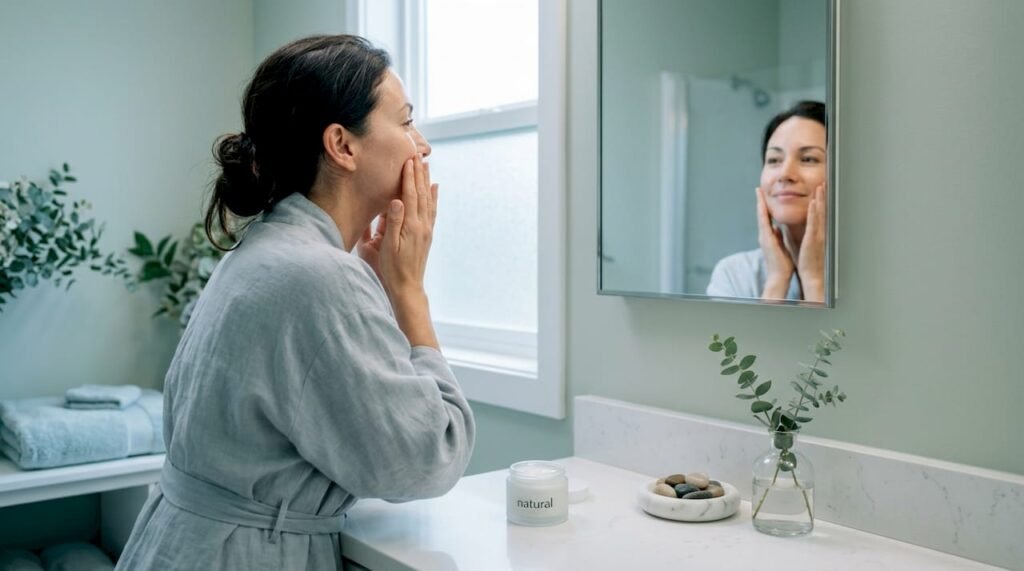Woman applying organic serum in bathroom