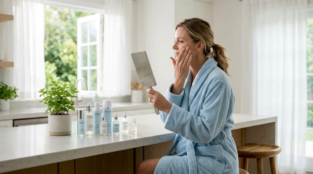 Woman over 40 applying skincare in morning routine