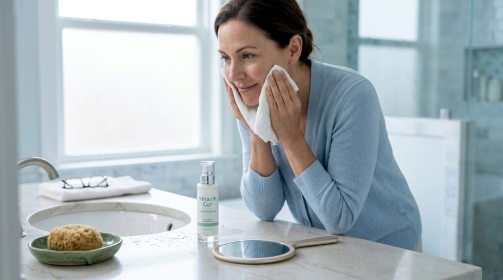 Mature woman washing face at bathroom sink