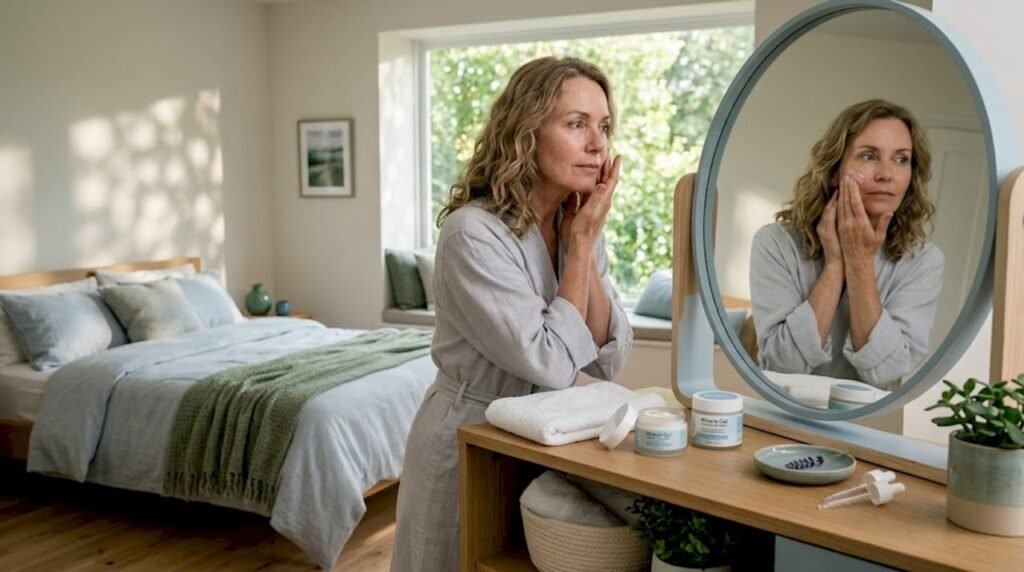 Woman applying anti-aging cream at vanity